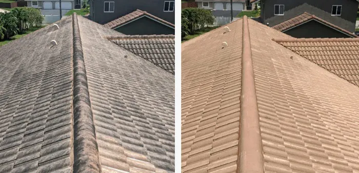 Roof pressure washing removing moss and lichen from a Melbourne tile roof