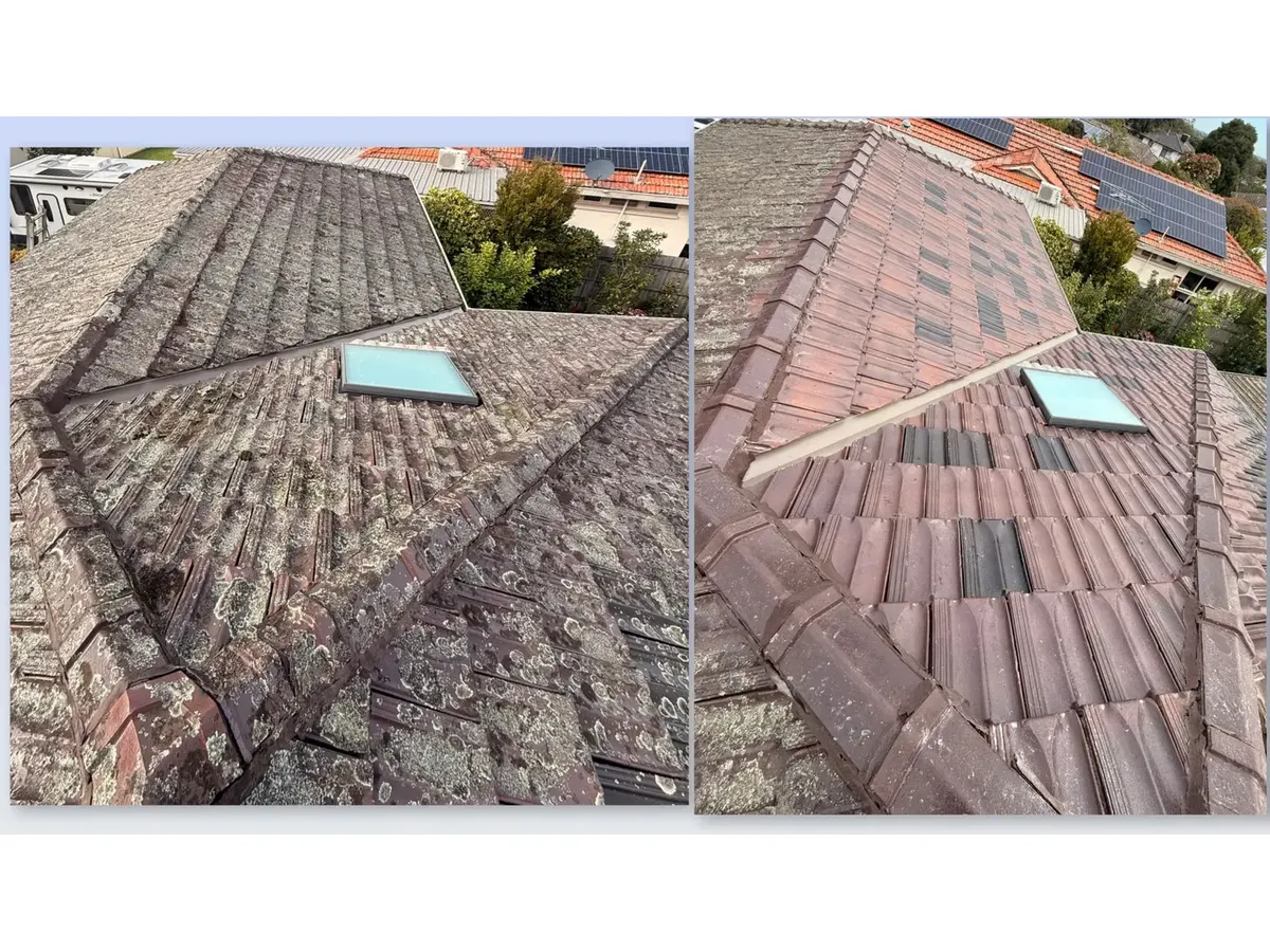 Before and after roof pressure washing on a Melbourne tile roof