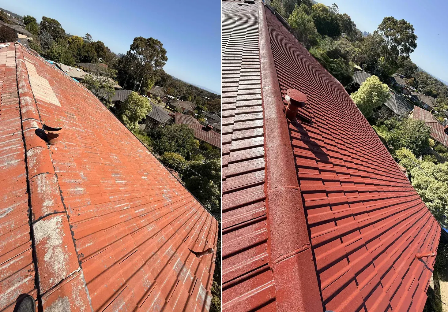 Before and after roof painting on a Melbourne tile roof