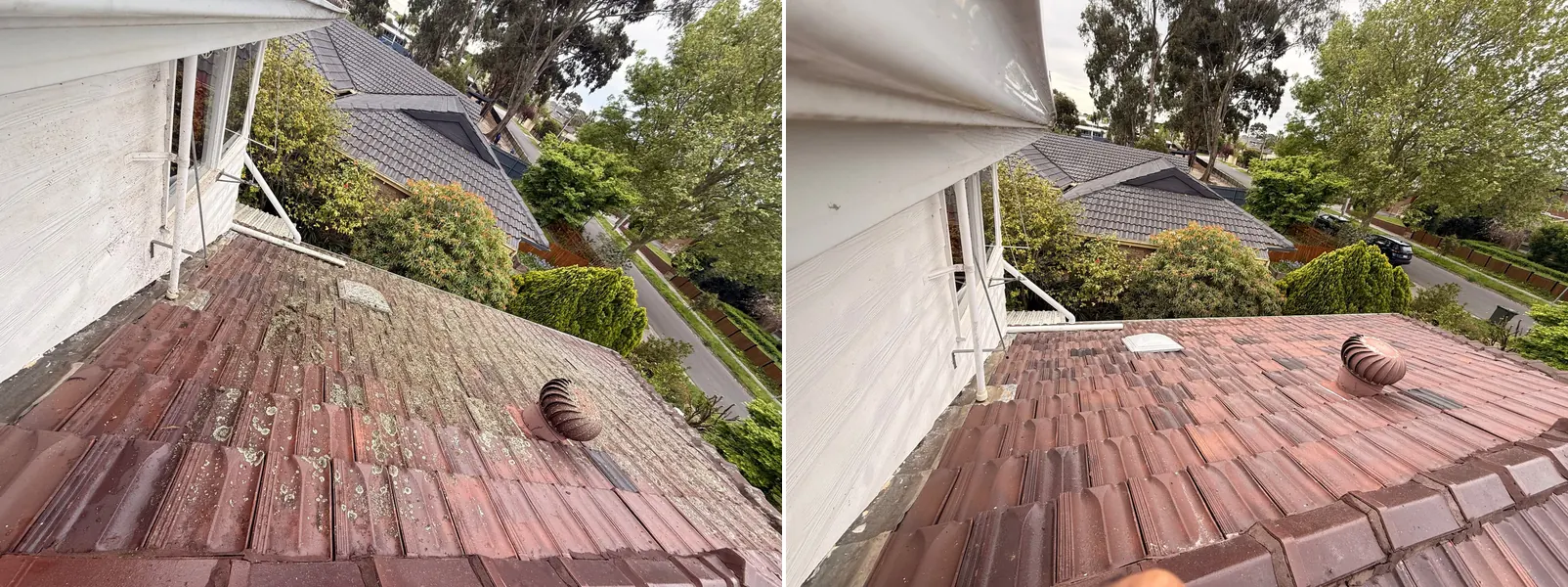 Before and after roof pressure washing on a Melbourne tile roof